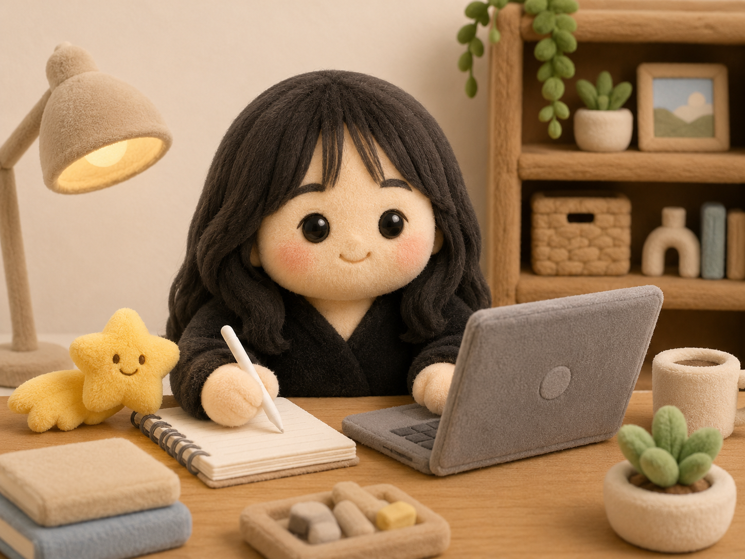 あたたかな仕事場で、パソコンとノートに向かう人物と星のイラスト